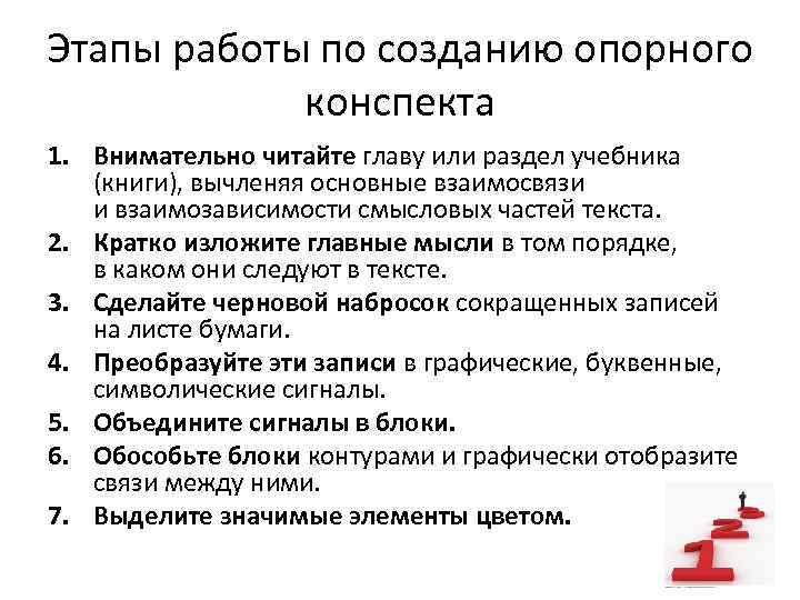 Этапы работы по созданию опорного конспекта 1. Внимательно читайте главу или раздел учебника (книги),