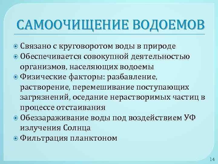 САМООЧИЩЕНИЕ ВОДОЕМОВ Связано с круговоротом воды в природе Обеспечивается совокупной деятельностью организмов, населяющих водоемы