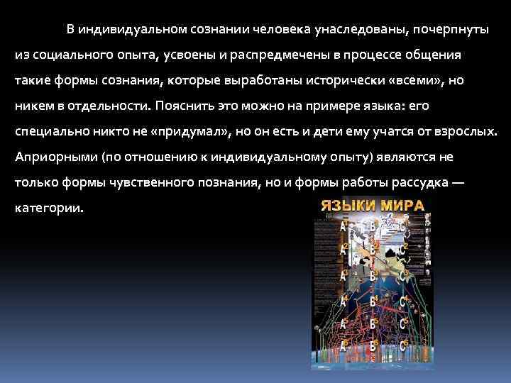 В индивидуальном сознании человека унаследованы, почерпнуты из социального опыта, усвоены и распредмечены в процессе