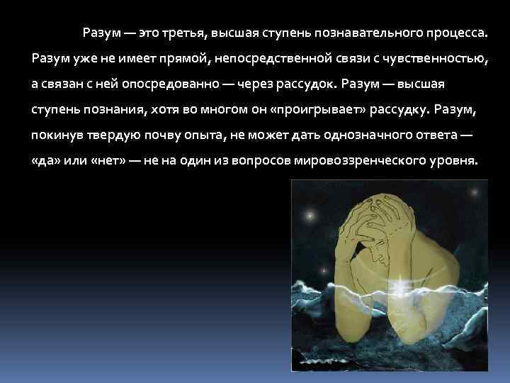 Разум — это третья, высшая ступень познавательного процесса. Разум уже не имеет прямой, непосредственной