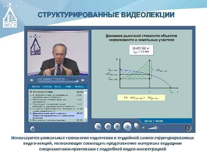 СТРУКТУРИРОВАННЫЕ ВИДЕОЛЕКЦИИ Используются уникальные технологии подготовки и студийной записи структурированных видео-лекций, позволяющих совмещать представление