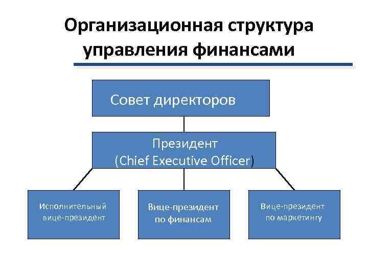 Организационная структура управления финансами Совет директоров Президент (Chief Executive Officer) Исполнительный вице-президент Вице-президент по