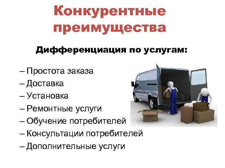 Конкурентные преимущества Дифференциация по услугам: – Простота заказа – Доставка – Установка – Ремонтные