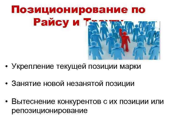 Позиционирование по Райсу и Трауту • Укрепление текущей позиции марки • Занятие новой незанятой