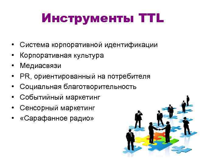 Инструменты TTL • • Система корпоративной идентификации Корпоративная культура Медиасвязи PR, ориентированный на потребителя