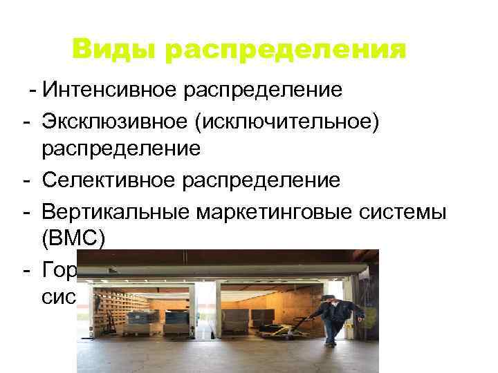 Виды распределения Интенсивное распределение Эксклюзивное (исключительное) распределение Селективное распределение Вертикальные маркетинговые системы (ВМС) Горизонтальные