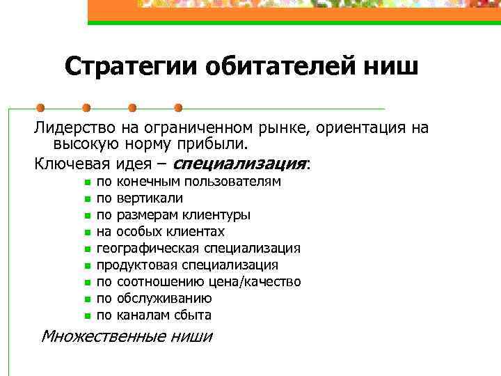 Стратегии обитателей ниш Лидерство на ограниченном рынке, ориентация на высокую норму прибыли. Ключевая идея