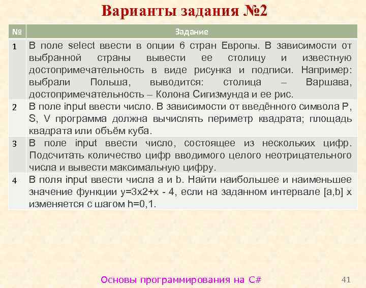 Варианты задания № 2 № Задание 1 В поле select ввести в опции 6