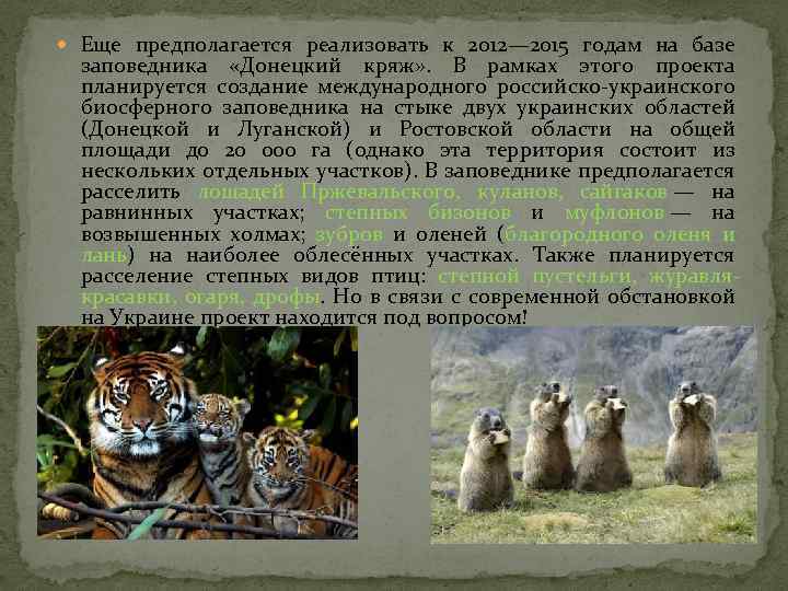  Еще предполагается реализовать к 2012— 2015 годам на базе заповедника «Донецкий кряж» .
