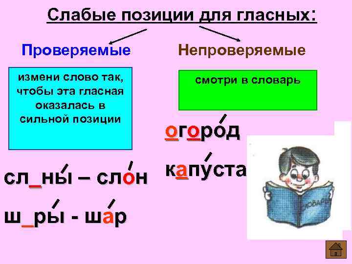 Слабые позиции для гласных: Проверяемые измени слово так, чтобы эта гласная оказалась в сильной