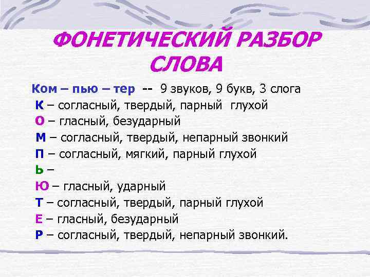 ФОНЕТИЧЕСКИЙ РАЗБОР СЛОВА Ком – пью – тер -- 9 звуков, 9 букв, 3