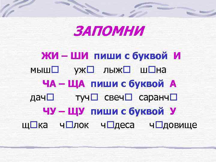 ЗАПОМНИ ЖИ – ШИ пиши с буквой И мыш уж лыж ш на ЧА