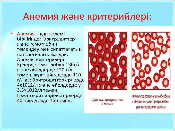 Анемия және критерийлері: • Анемия – қан көлемі бірлігіндегі эритроциттер және гемоглобин төмендеуімен сипатталатын