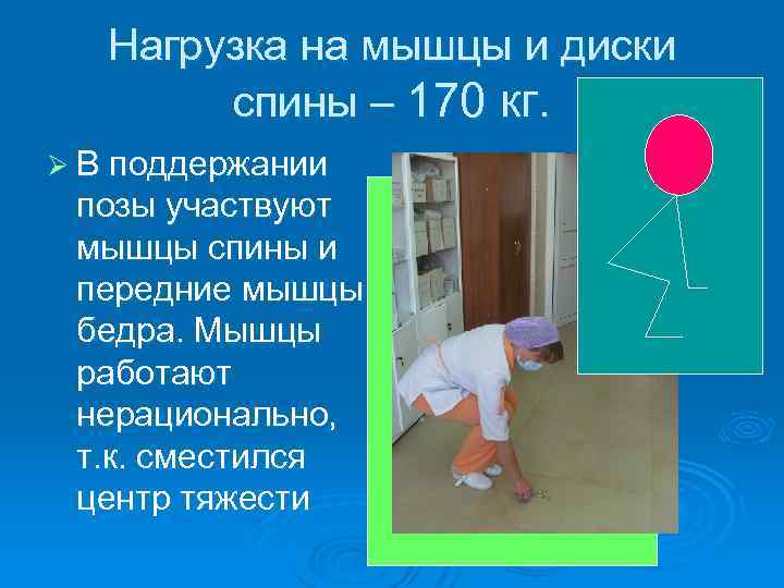 Нагрузка на мышцы и диски спины – 170 кг. Ø В поддержании позы участвуют