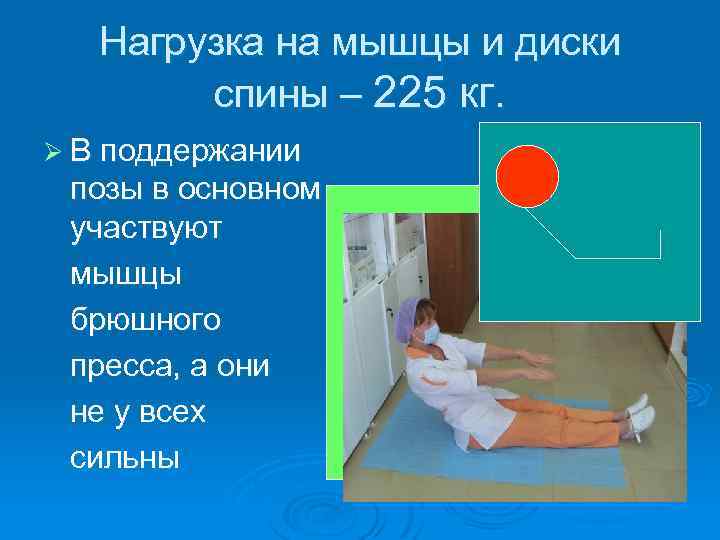 Нагрузка на мышцы и диски спины – 225 кг. Ø В поддержании позы в