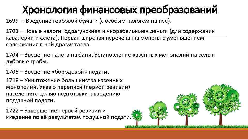 Хронология финансовых преобразований 1699 – Введение гербовой бумаги (с особым налогом на неё). 1701