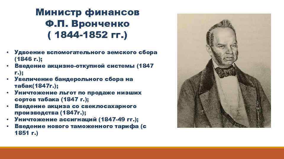 Министр финансов Ф. П. Вронченко ( 1844 -1852 гг. ) • • Удвоение вспомогательного