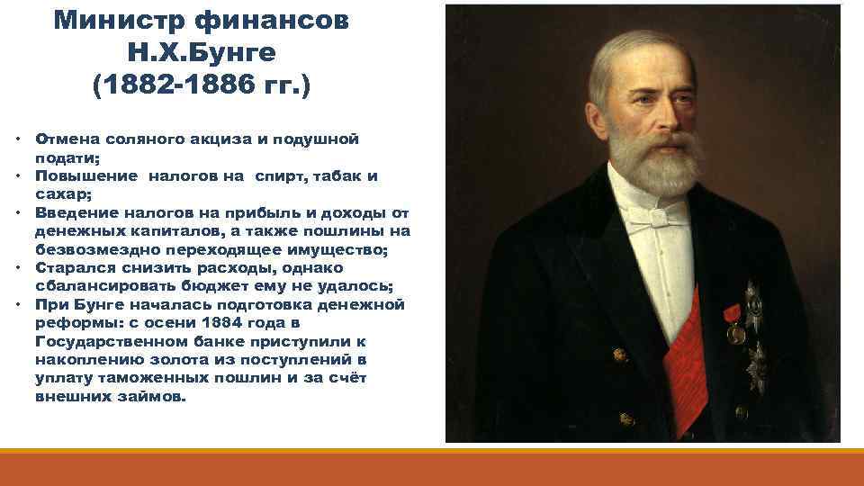 Министр финансов Н. Х. Бунге (1882 -1886 гг. ) • Отмена соляного акциза и