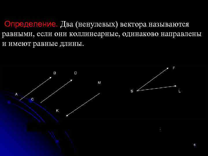  Определение. Два (ненулевых) вектора называются Определение. равными, если они коллинеарные, одинаково направлены и