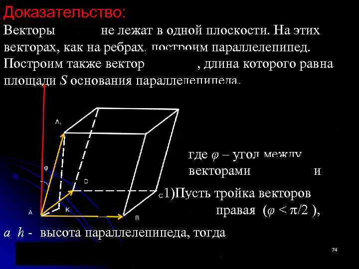 Доказательство: Векторы не лежат в одной плоскости. На этих векторах, как на ребрах, построим
