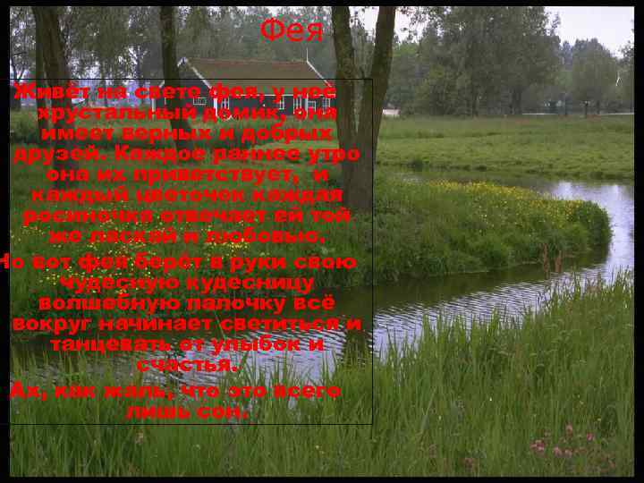 Фея Живёт на свете фея, у неё хрустальный домик, она имеет верных и добрых