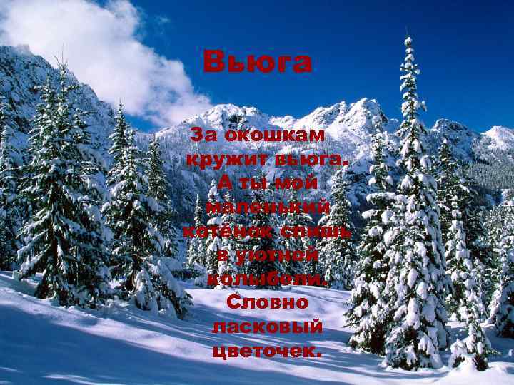Вьюга За окошкам кружит вьюга. А ты мой маленький котёнок спишь в уютной колыбели.