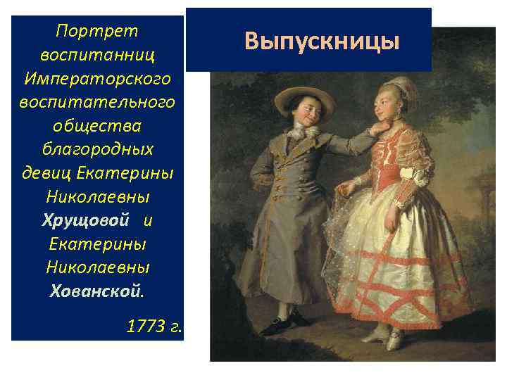 Портрет хрущевой. 1773 Портрет Екатерины Хрущевой и Екатерины Хованской. Портрет Екатерины Хрущовой и Екатерины Хованской. Устав воспитательного общества благородных девиц. 4. «Портрет Екатерины Хрущовой и Екатерины Хованской» д.г. Левицкий..