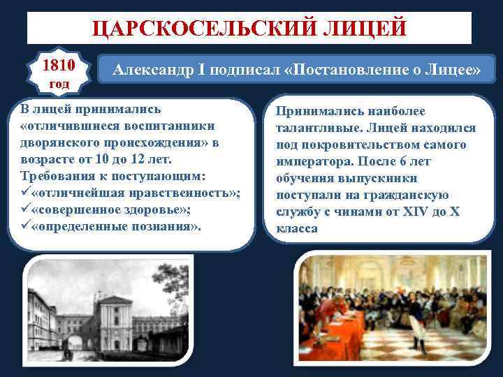 ЦАРСКОСЕЛЬСКИЙ ЛИЦЕЙ 1810 год Александр I подписал «Постановление о Лицее» В лицей принимались «отличившиеся