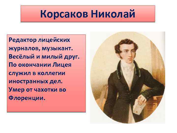 Корсаков Николай Редактор лицейских журналов, музыкант. Весёлый и милый друг. По окончании Лицея служил