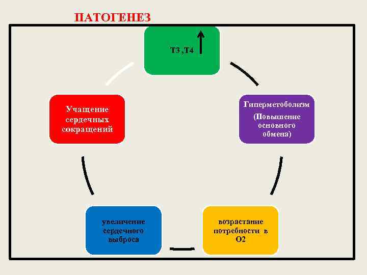 ПАТОГЕНЕЗ Т 3 , Т 4 Учащение сердечных сокращений увеличение сердечного выброса Гиперметоболизм (Повышение