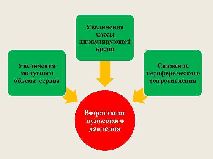 Увеличения массы циркулирующей крови Увеличения минутного объема сердца Снижение периферического сопротивления Возрастание пульсового давления