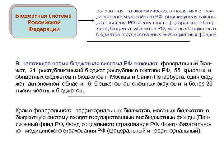 Бюджетная система Российской Федерации основанная на экономических отношениях в государственном устройстве РФ, регулируемая законодательством