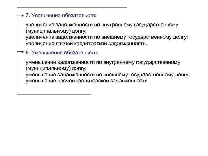 7. Увеличение обязательств: увеличение задолженности по внутреннему государственному (муниципальному) долгу; увеличение задолженности по внешнему