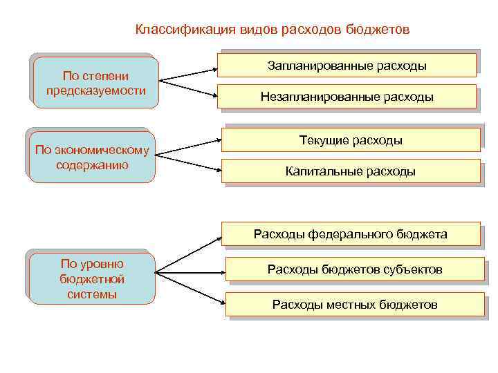 Классификация видов расходов бюджетов По степени предсказуемости По экономическому содержанию Запланированные расходы Незапланированные расходы