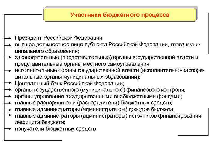 Участники бюджетного процесса Президент Российской Федерации; высшее должностное лицо субъекта Российской Федерации, глава муниципального