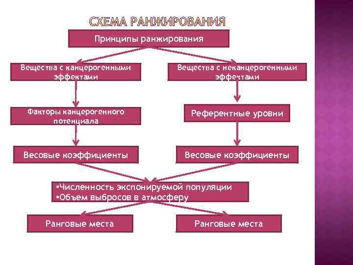 Принципы ранжирования Вещества с канцерогенными эффектами Вещества с неканцерогенными эффектами Факторы канцерогенного потенциала Референтные