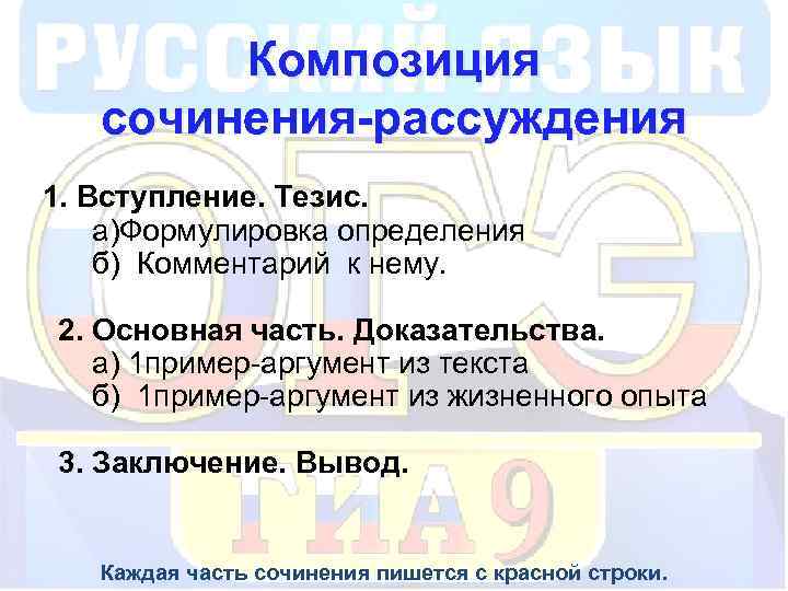 Композиция сочинения-рассуждения 1. Вступление. Тезис. а)Формулировка определения б) Комментарий к нему. 2. Основная часть.