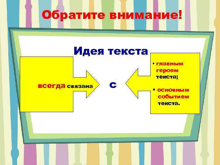 Обратите внимание! Идея текста всегда связана с • главным героем текста; • основным событием