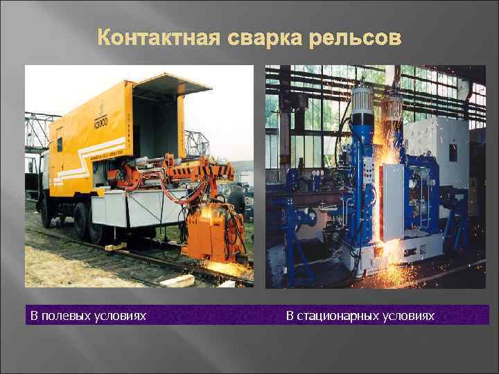 Контактная сварка рельсов В полевых условиях В стационарных условиях 