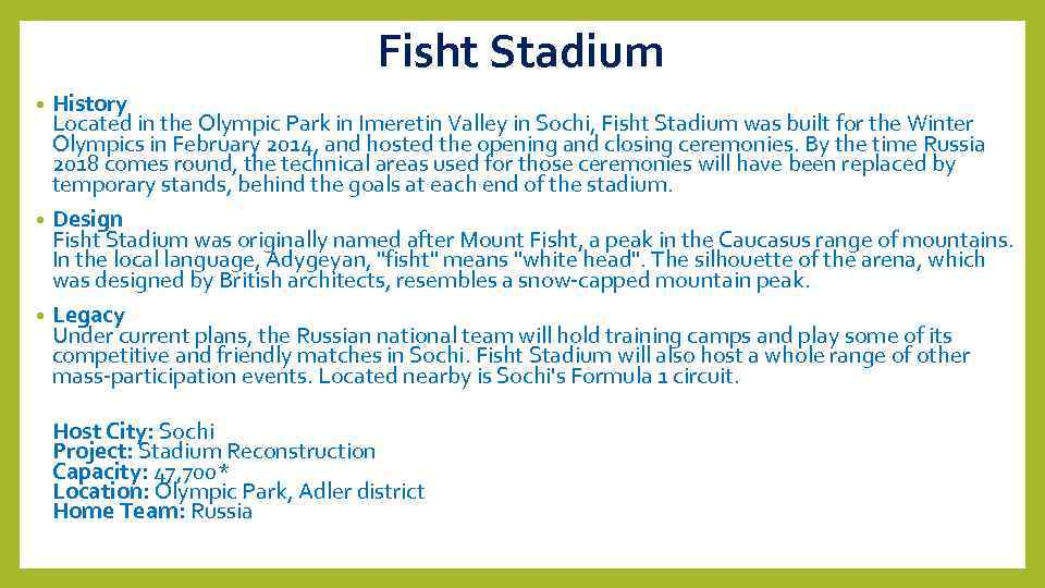 Fisht Stadium History Located in the Olympic Park in Imeretin Valley in Sochi, Fisht