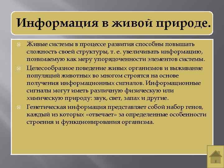 Информация в живой природе. Живые системы в процессе развития способны повышать сложность своей структуры,