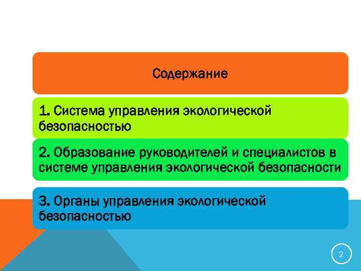 Содержание 1. Система управления экологической безопасностью 2. Образование руководителей и специалистов в системе управления
