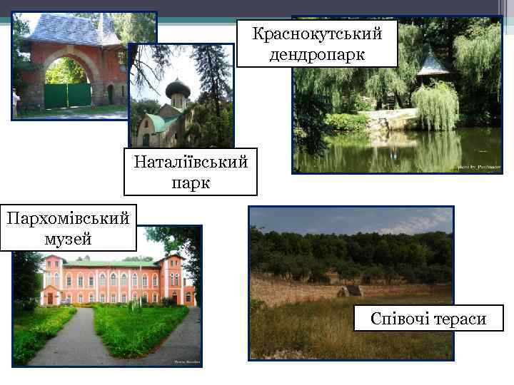 Краснокутський дендропарк Наталіївський парк Пархомівський музей Співочі тераси 