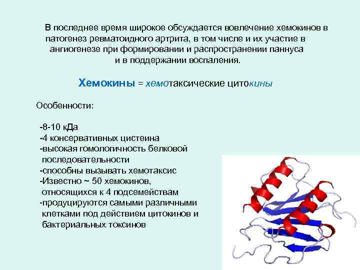 В последнее время широкое обсуждается вовлечение хемокинов в патогенез ревматоидного артрита, в том числе