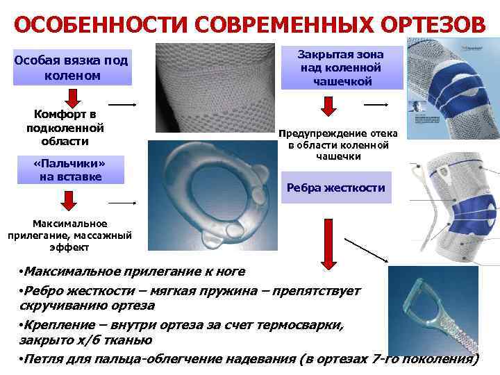 ОСОБЕННОСТИ СОВРЕМЕННЫХ ОРТЕЗОВ Особая вязка под коленом Комфорт в подколенной области «Пальчики» на вставке