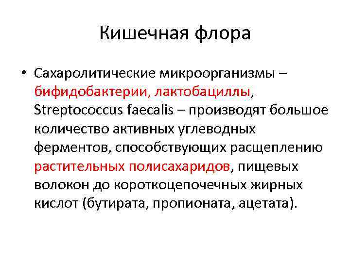 Кишечная флора • Сахаролитические микроорганизмы – бифидобактерии, лактобациллы, Streptococcus faecalis – производят большое количество