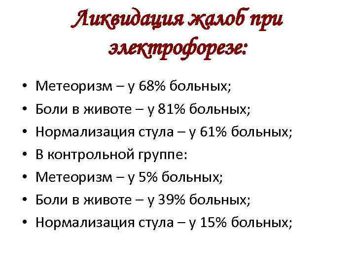 Ликвидация жалоб при электрофорезе: • • Метеоризм – у 68% больных; Боли в животе