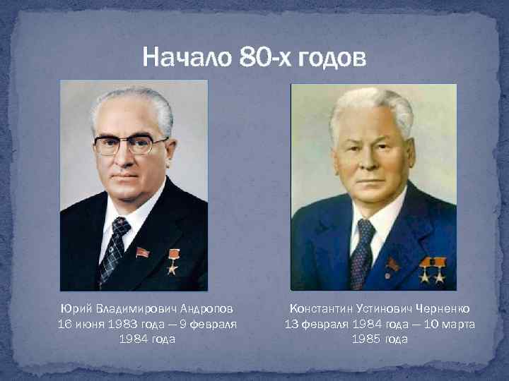 Начало 80 -х годов Юрий Владимирович Андропов 16 июня 1983 года — 9 февраля