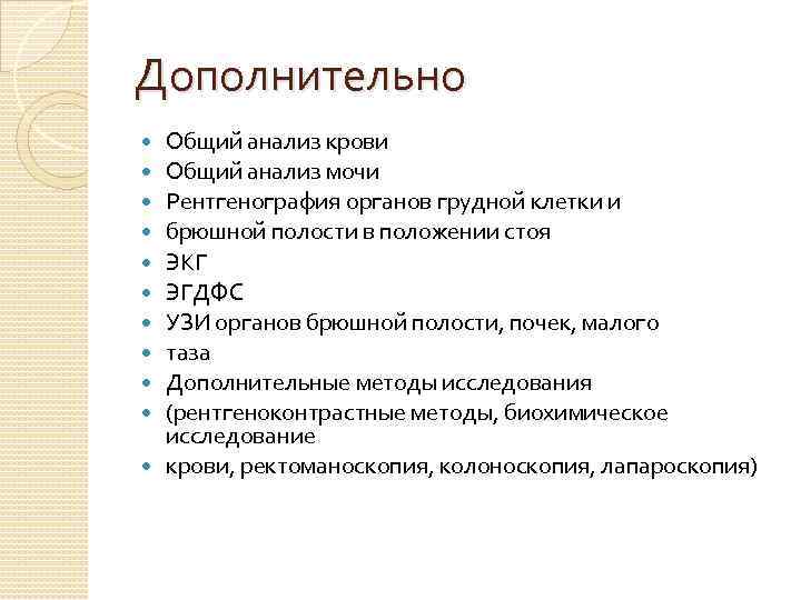 Дополнительно Общий анализ крови Общий анализ мочи Рентгенография органов грудной клетки и брюшной полости