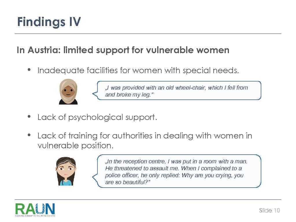 Findings IV In Austria: limited support for vulnerable women • Inadequate facilities for women